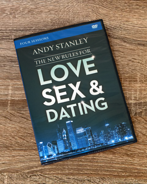 DVD case of "The New Rules for Love, Sex &amp; Dating" by Andy Stanley, showing four sessions with nighttime city skyline background.